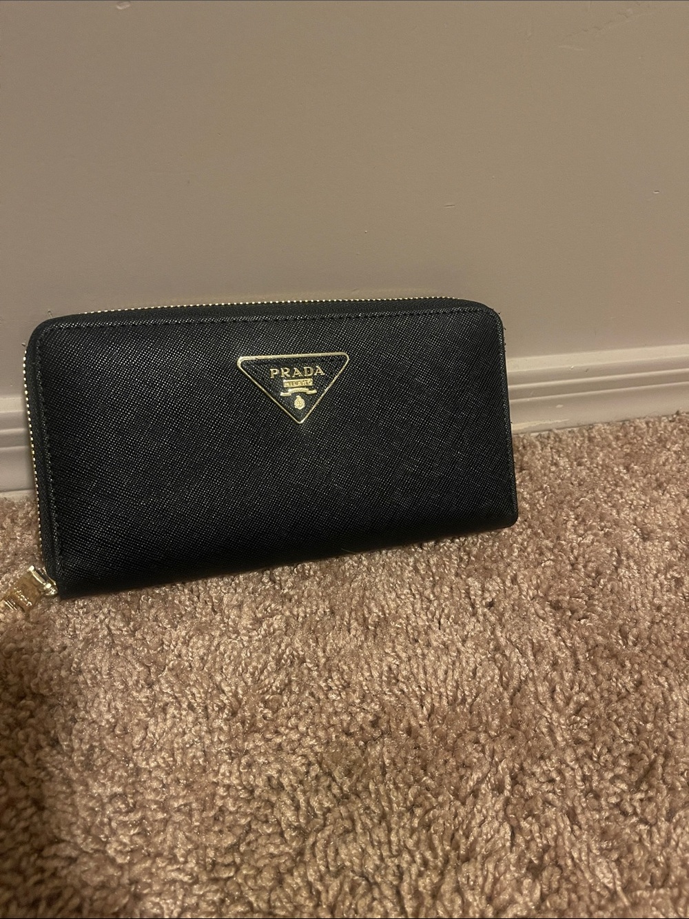Prada Black Saffiano Zip Wallet with Gold Triangle Logo